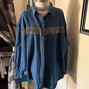 Amy Adams Vintage Beaded Fringe Blue Denim Button-Up Shirt Size 2XL